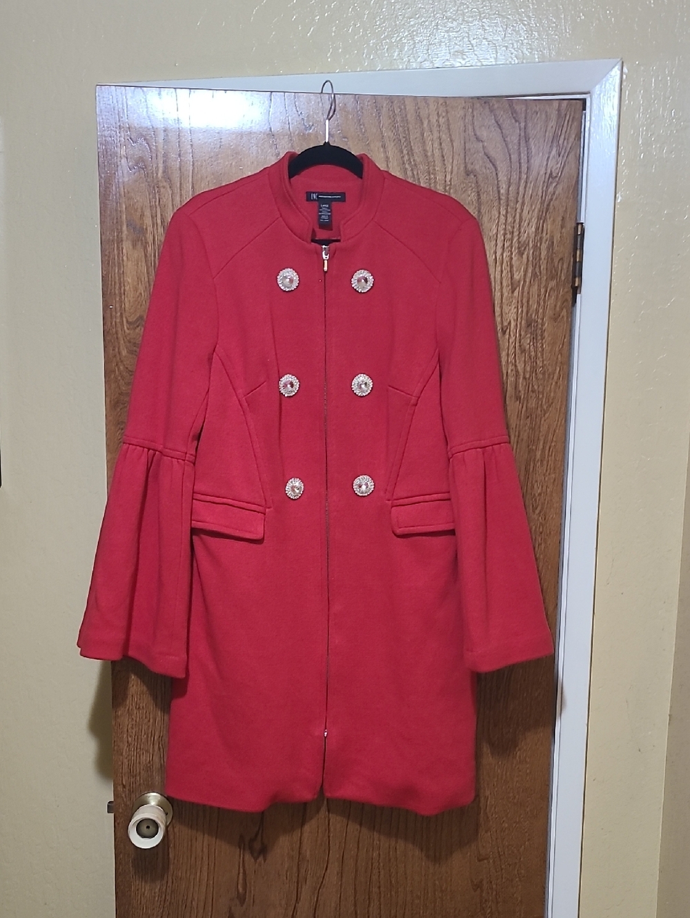 INC International Concepts Red Double-Breasted Bell-Sleeve Pea Coat